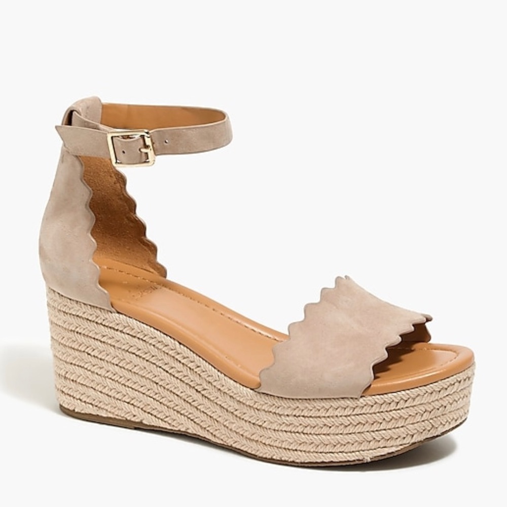 J. Crew Factory Beige Suede Scalloped Espadrille Wedge Sandals